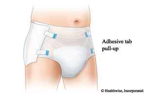 Pull-up adult underwear with adhesive tabs on each side. Pull-up adult underwear with adhesive tabs on each side.