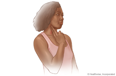 Taking pulse on side of neck using first two fingers Taking pulse on side of neck using first two fingers